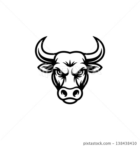 A fierce black and white vector logo of a bull or buffalo head with large horns, symbolizing strength, aggression, power, and a dominant force. A fierce black and white vector logo of a bull or buffalo head with large horns, symbolizing strength, aggression, power, and a dominant force. 138438410