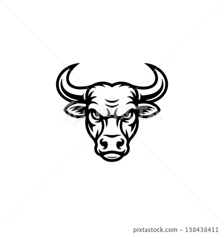 A fierce black and white vector logo of a bull or buffalo head with large horns, symbolizing strength, aggression, power, and a dominant force. A fierce black and white vector logo of a bull or buffalo head with large horns, symbolizing strength, aggression, power, and a dominant force. 138438411
