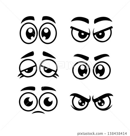 A set of six black and white cartoon eye expressions (happy, angry, sad, tired), ideal for animating characters, expressing emotion, or graphic design elements. A set of six black and white cartoon eye expressions (happy, angry, sad, tired), ideal for animating characters, expressing emotion, or graphic design elements. 138438414