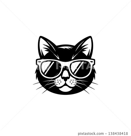 A cool, bold black and white vector logo of a cat's face wearing sunglasses, ideal for a contemporary brand, music label, or trendy apparel design. 138438418