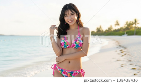 A Japanese woman in a floral bikini smiles on the beach. 138438430