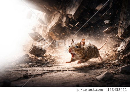 A frightened mouse runs among falling debris and dust. Space for text. 138438431