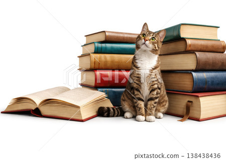 A tabby cat sits next to a stack of old books. Space for text. A tabby cat sits next to a stack of old books. Space for text. 138438436