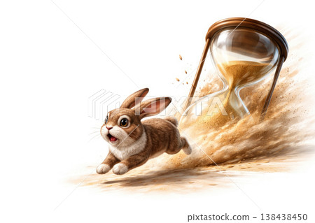 A rabbit escapes from an hourglass in a cloud of sand. Space for text. A rabbit escapes from an hourglass in a cloud of sand. Space for text. 138438450