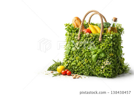 Eco bag made of greens with groceries and a bottle of oil. Space for text. Eco bag made of greens with groceries and a bottle of oil. Space for text. 138438457