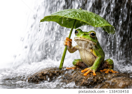 A frog with a leaf above its head is sitting by a waterfall. Space for text. A frog with a leaf above its head is sitting by a waterfall. Space for text. 138438458
