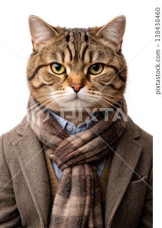 A tabby cat in a jacket and scarf on a light background. 138438460