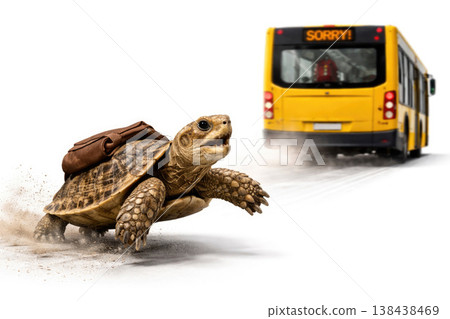 A turtle with a backpack runs after the bus. Space for text. A turtle with a backpack runs after the bus. Space for text. 138438469