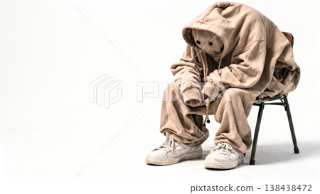 Figure in beige clothes sitting on a chair. Space for text. 138438472
