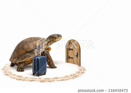 A turtle with a suitcase in front of a small wooden door. Space for text. 138438473