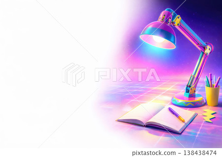 Neon table lamp with notebook and pen. Space for text. Neon table lamp with notebook and pen. Space for text. 138438474