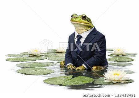 A frog in a business suit sits among the water lilies. Space for text. 138438481