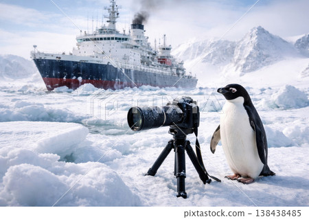 Penguin next to the camera on a tripod among ice and snow. 138438485