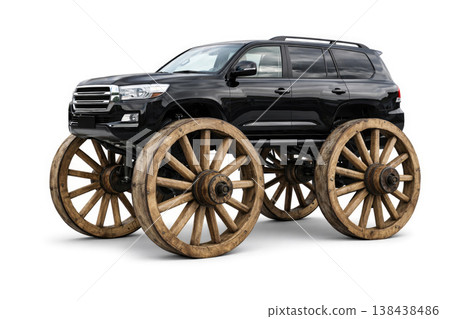 Black SUV on wooden wheels on a light background. Black SUV on wooden wheels on a light background. 138438486