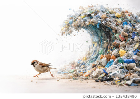 A sparrow next to a wave of plastic debris. Space for text. 138438490