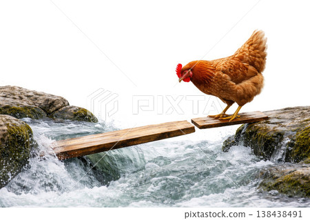 A chicken on a broken bridge over a turbulent stream. Space for text. 138438491