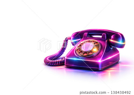Retro rotary phone with neon glow on white background. Space for text. 138438492