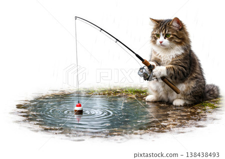 A cat with a fishing rod by a puddle in the rain. Space for text. A cat with a fishing rod by a puddle in the rain. Space for text. 138438493
