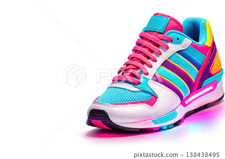 Bright multi-colored sneaker close-up on a white background. Space for text. Bright multi-colored sneaker close-up on a white background. Space for text. 138438495