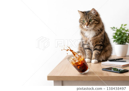 The tabby cat knocked over a glass of cold drink on the table. Space for text. 138438497
