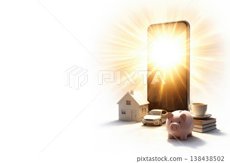 A smartphone with a shiny screen, a house, a car, and a piggy bank. Space for text. A smartphone with a shiny screen, a house, a car, and a piggy bank. Space for text. 138438502