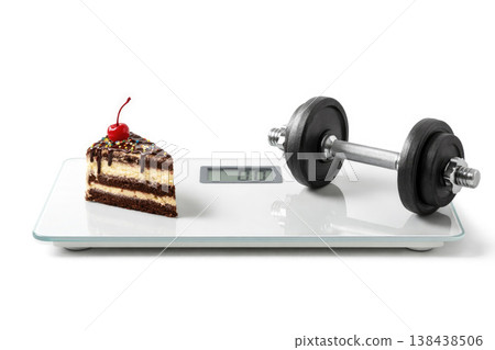 A piece of cake and a dumbbell on a glass scale on a light background. Space for text. 138438506