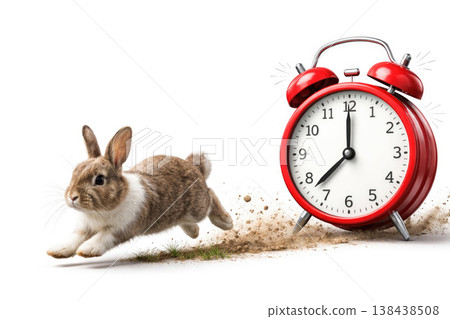 Rabbit running from alarm clock on white background. Space for text. Rabbit running from alarm clock on white background. Space for text. 138438508