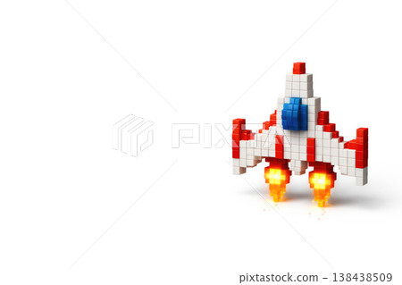 A pixel rocket made of cubes with fire engines. Space for text. 138438509