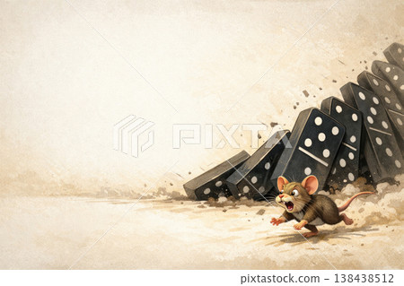 A frightened mouse in front of falling dominoes. Space for text. A frightened mouse in front of falling dominoes. Space for text. 138438512