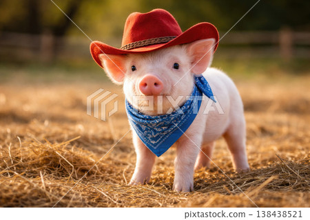 Pig in a red hat and a blue bandana on straw. Pig in a red hat and a blue bandana on straw. 138438521
