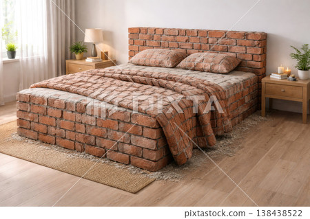 Red brick bed in a modern bedroom. Red brick bed in a modern bedroom. 138438522
