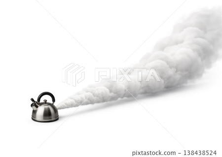 The kettle releases a long stream of white steam. Space for text. The kettle releases a long stream of white steam. Space for text. 138438524