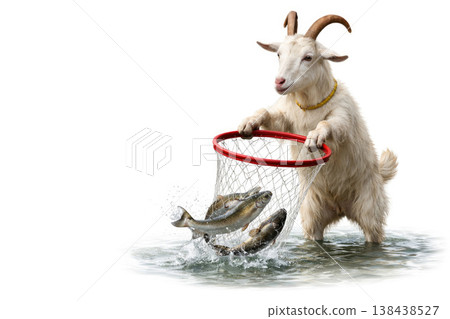 A goat with a net catches fish in the water. Space for text. A goat with a net catches fish in the water. Space for text. 138438527