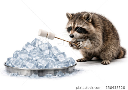 Raccoon holding marshmallows over a tray of ice. Space for text. Raccoon holding marshmallows over a tray of ice. Space for text. 138438528