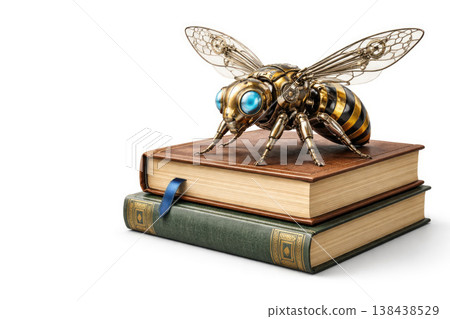 A mechanical bee on a stack of old books. Space for text. A mechanical bee on a stack of old books. Space for text. 138438529