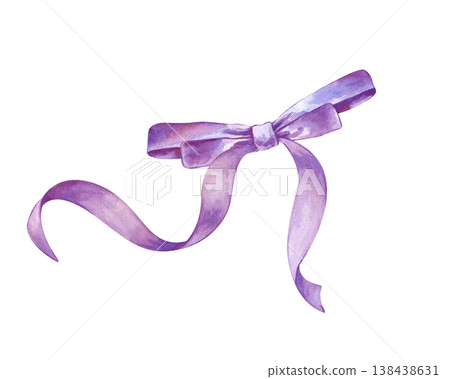Hand-painted watercolor illustration of a delicate purple ribbon tied in a bow. Elegant satin texture with flowing ends. Isolated element for Easter decor, wedding invitations, gift packaging Hand-painted watercolor illustration of a delicate purple ribbon tied in a bow. Elegant satin texture with flowing ends. Isolated element for Easter decor, wedding invitations, gift packaging 138438631