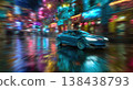 Self-driving car cruising through wet city streets at night with neon reflections on asphalt. Cinematic lighting and glowing street lamps create a futuristic urban atmosphere. 138438793
