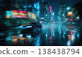 Self-driving car cruising through wet city streets at night with neon reflections on asphalt. Cinematic lighting and glowing street lamps create a futuristic urban atmosphere. 138438794