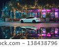 Autonomous vehicle moving through a neon-lit metropolis with motion blur. Perfect for futuristic city visuals, technology themes, and cinematic storytelling. 138438796