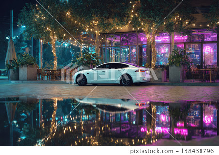 Autonomous vehicle moving through a neon-lit metropolis with motion blur. Perfect for futuristic city visuals, technology themes, and cinematic storytelling. 138438796