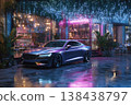 Autonomous vehicle moving through a neon-lit metropolis with motion blur. Perfect for futuristic city visuals, technology themes, and cinematic storytelling. 138438797