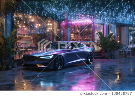Autonomous vehicle moving through a neon-lit metropolis with motion blur. Perfect for futuristic city visuals, technology themes, and cinematic storytelling. 138438797