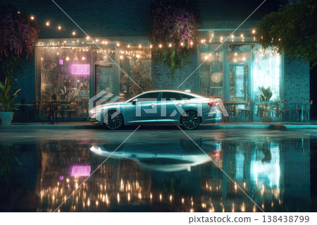 Autonomous vehicle moving through a neon-lit metropolis with motion blur. Perfect for futuristic city visuals, technology themes, and cinematic storytelling. 138438799