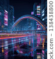 Glowing bridges and neon billboards, reflections on glass buildings, cinematic long-exposure aesthetic. High-tech urban vibe, ambient night light. 138438800