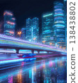 Glowing bridges and neon billboards, reflections on glass buildings, cinematic long-exposure aesthetic. High-tech urban vibe, ambient night light. 138438802