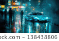Night cityscape with glowing street lamps and a dynamic autonomous car. Futuristic urban environment. 138438806