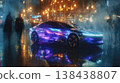 Night cityscape with glowing street lamps and a dynamic autonomous car. Futuristic urban environment. 138438807