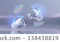 Futuristic transparent earbuds with pink and blue neon glow and digital holographic interface elements 138438819