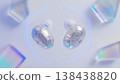 Futuristic transparent earbuds with pink and blue neon glow and digital holographic interface elements 138438820
