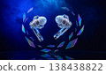 Futuristic transparent wireless earbuds with floating geometric pieces in a powerful blue neon smoke 138438822